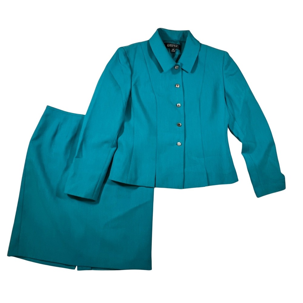 VTG Kasper Skirt Suit Women 10P Teal Blue 2pc Blazer Pencil Skirt Set Petite